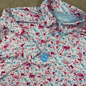 Pins & Aces Mens XXL Flamingo Print Performance Golf Polo Shirt Pink Blue White